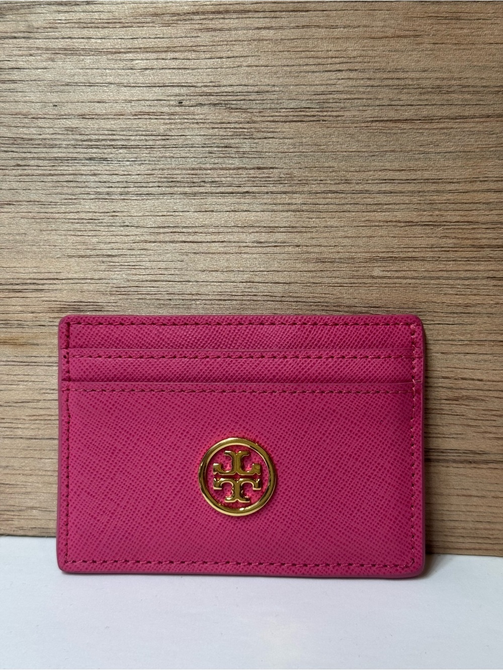 Tory Burch Hot Pink Saffiano Card Case with Gold Logo